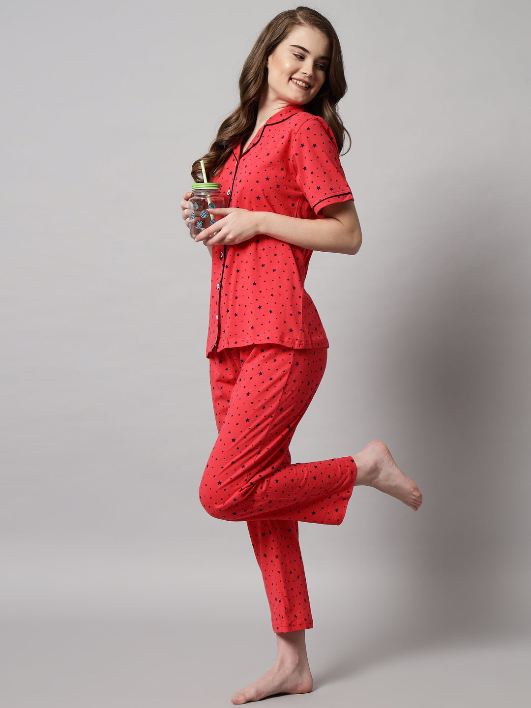 Red Printed Cotton Night Suit Set – Button-Down Top & Pajama Sleepwear