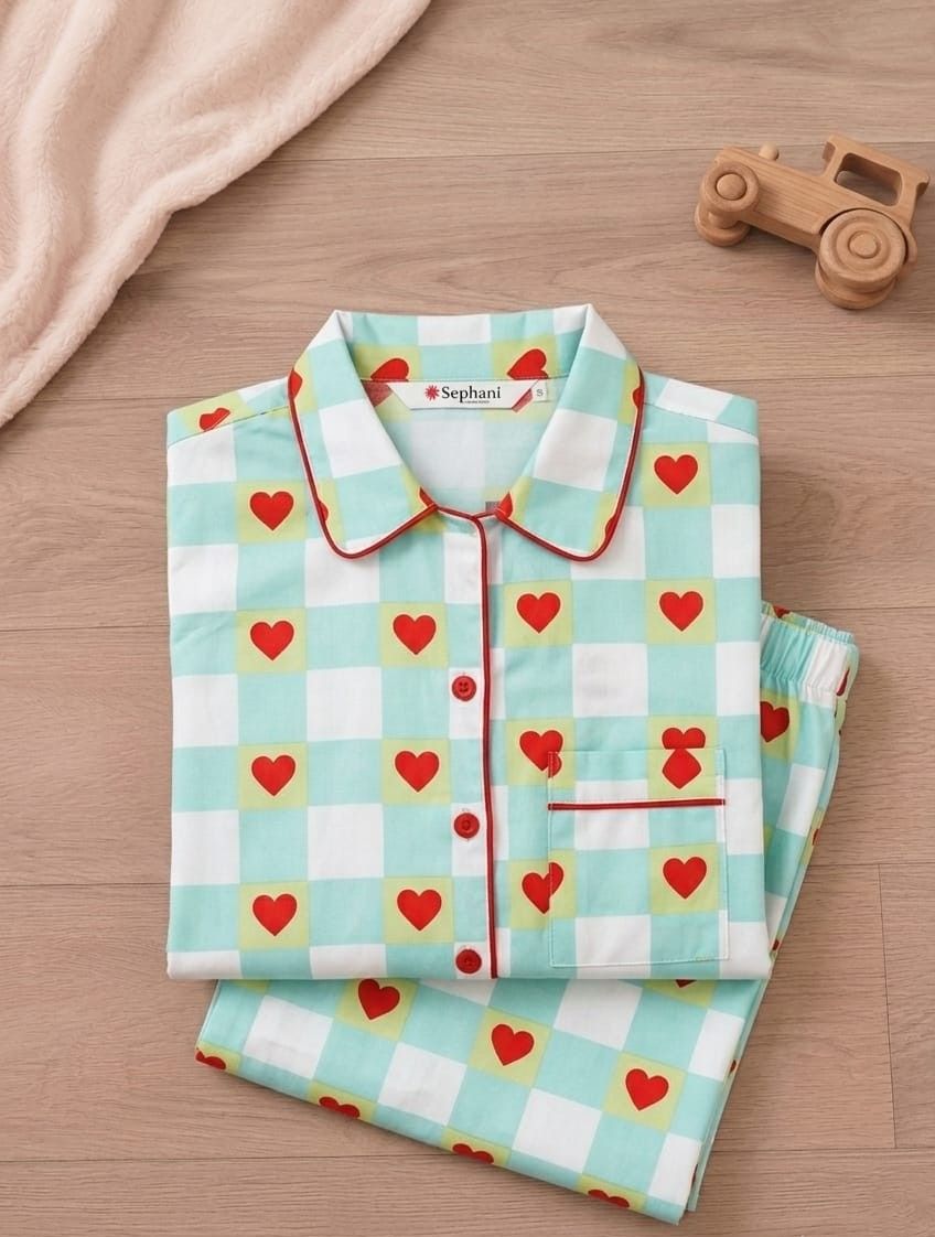 Sephani Multicolor Checkered Heart Print Nightsuit Set for Boys | Full Sleeve Kids Nightsuit Set