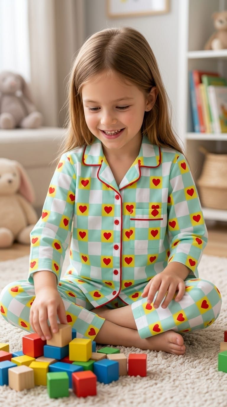 Sephani Multicolor Checkered Heart Print Nightsuit Set for Girls | Full Sleeve Kids Pajama Set