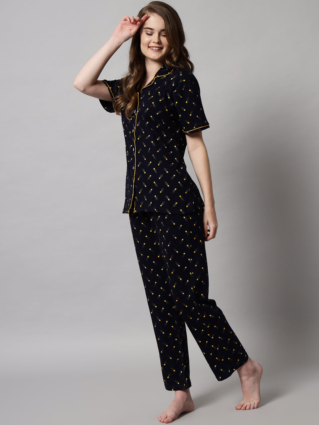 Black Printed Cotton Night Suit Set – Button-Down Top & Pajama Sleepwear
