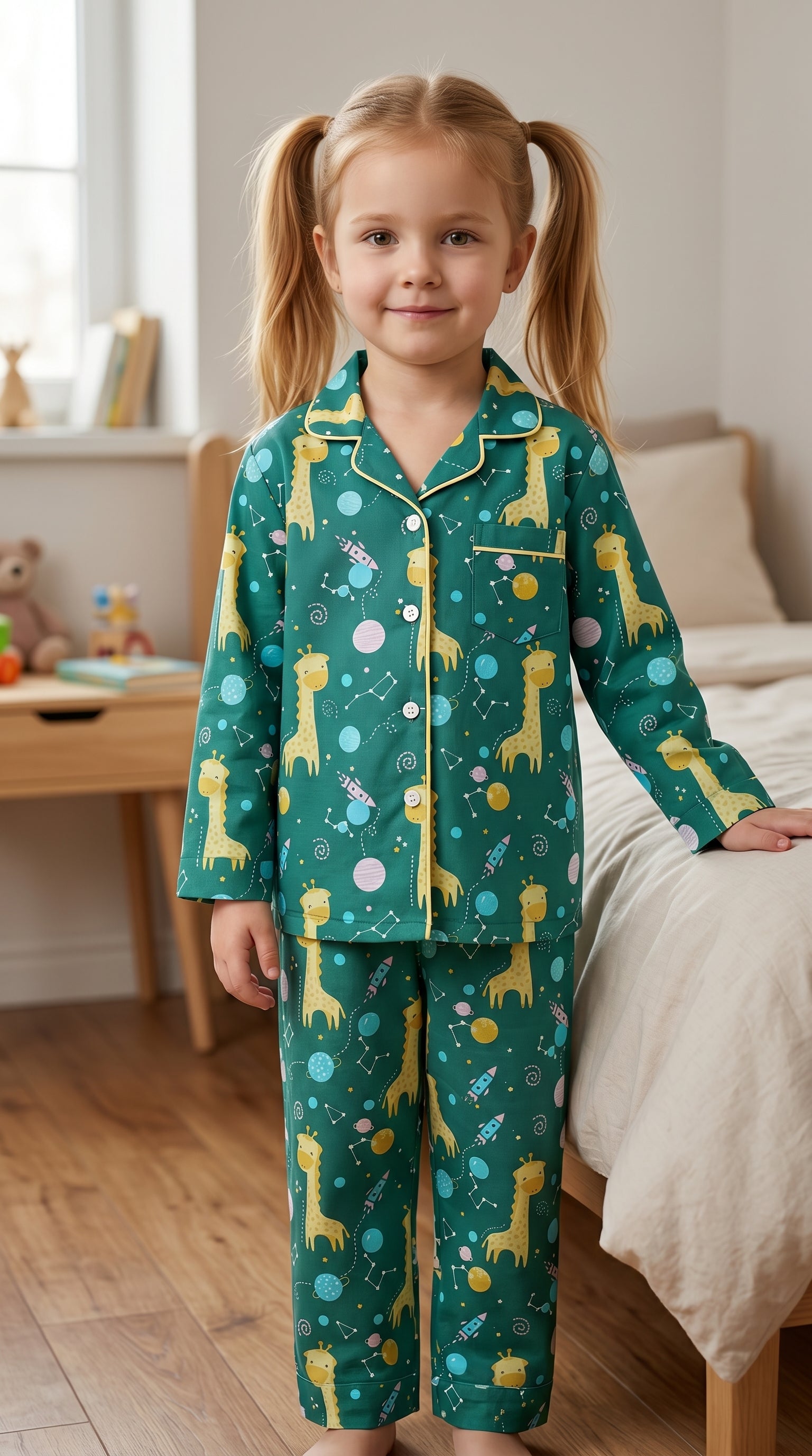 💕🦒Kids Printed Night Suit Set | Giraffe & Space Print Cotton Nightwear | Soft & Comfortable Sleepwear Girls