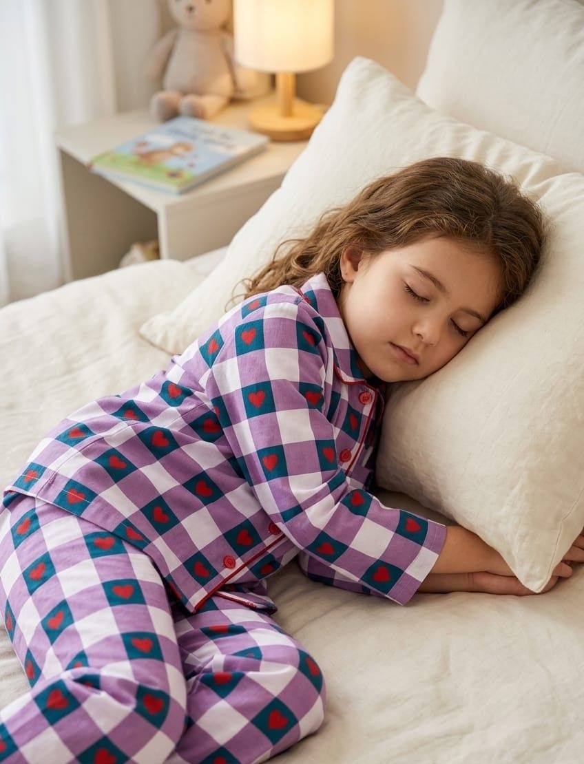 A young girl sleeping soundly on a bed wearing a purple, white, and red checkered pajama set with small red hearts.