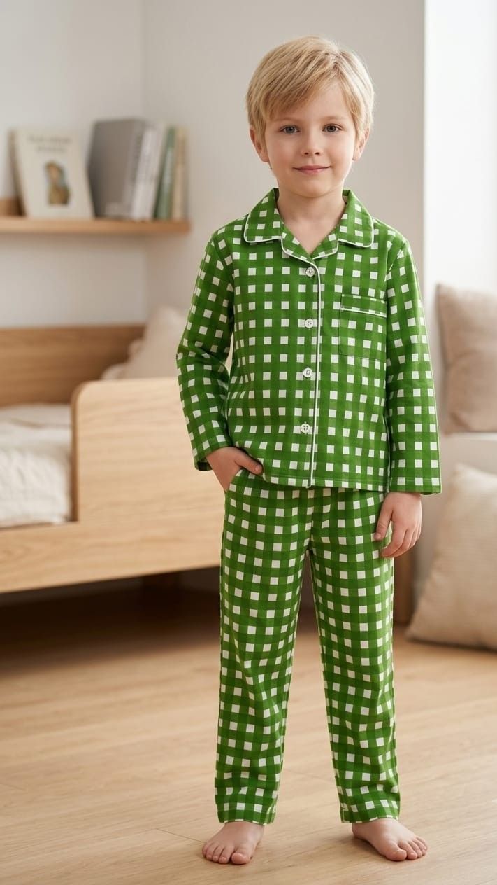 A young boy wearing a green and white gingham check long-sleeve pajama set, standing barefoot in a brightly lit bedroom.