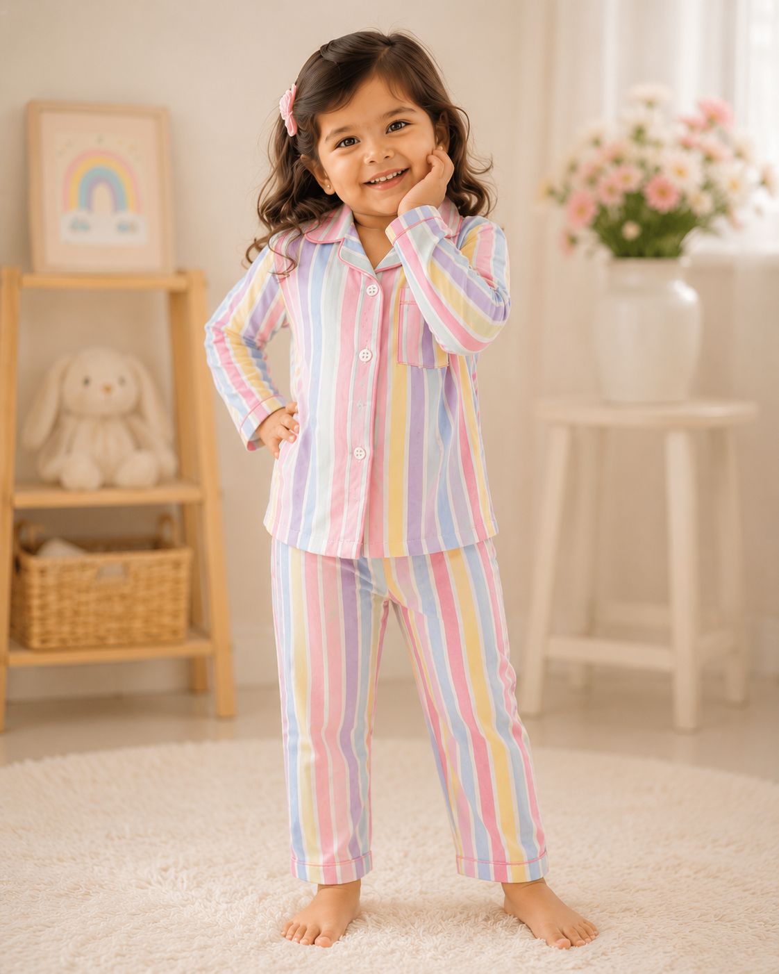💕Kids Rainbow Print Night Suit Set | Cute Printed Cotton Pajama Set for Girls| Soft & Comfortable Sleepwear