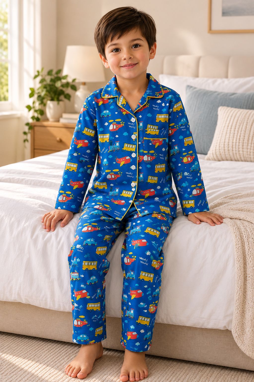 A young boy wearing a blue long-sleeve pajama set with a colorful truck pattern, sitting on a white bed in a bright bedroom.