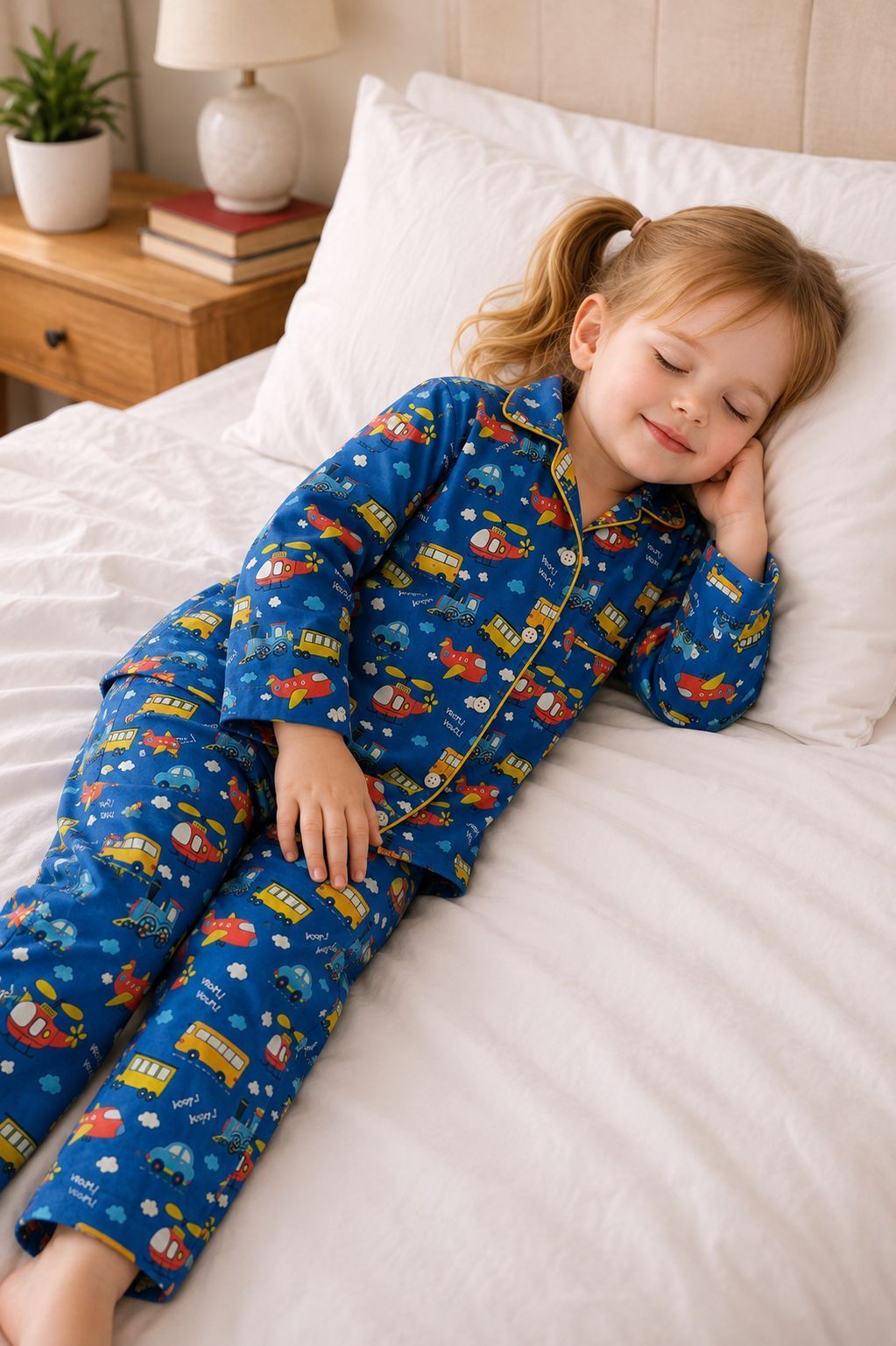 A young girl with blonde pigtails lies asleep on a white bed wearing a blue long-sleeve pajama set with a colorful vehicle print and yellow piping.
