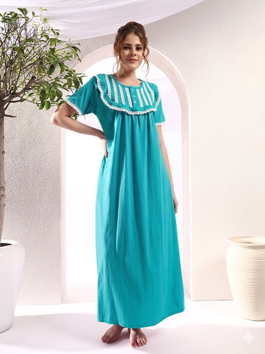 Teal with Lace Yoke Cotton Maxi Nightwear for Women