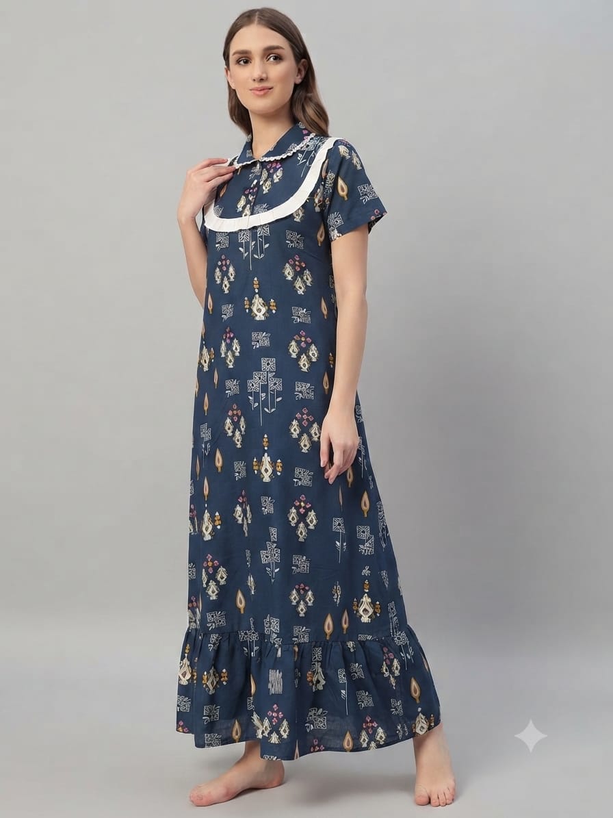Elegant Navy blue abstract Cotton Nightdress with Frill Yoke – Soft & Breathable Sleepwear