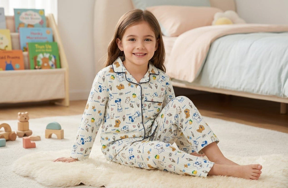 A young girl smiling while wearing a long-sleeve pajama set with a playful cartoon animal print, sitting on a white faux fur rug in a brightly lit children's bedroom.