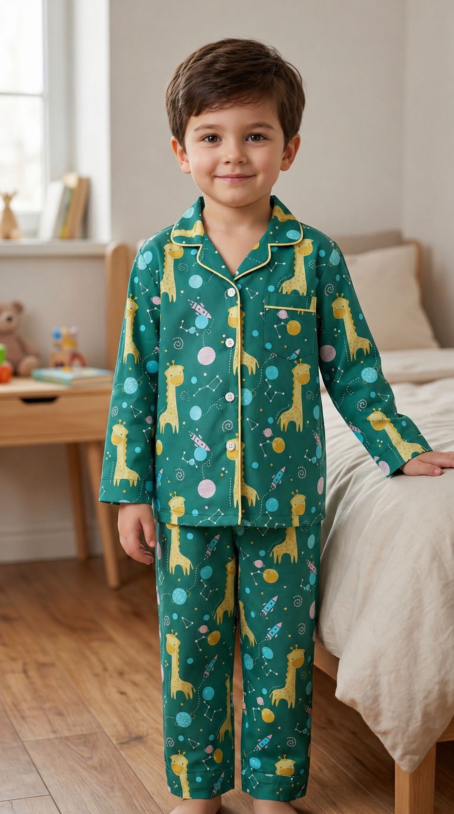 💕🦒Kids Printed Night Suit Set | Giraffe & Space Print Cotton Nightwear | Soft & Comfortable Sleepwear boy