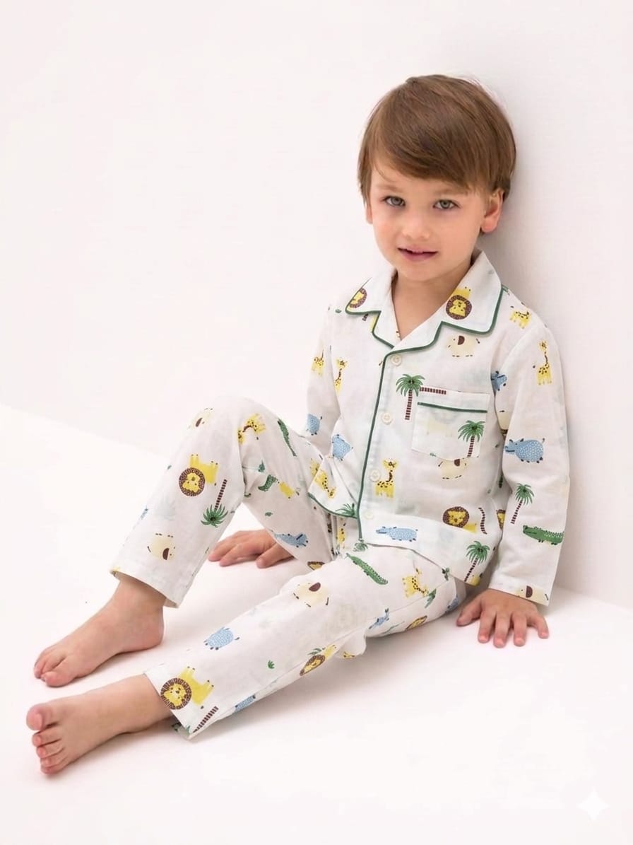 Kids Jungle Animal Print Night Suit Set | Cute Cotton Pajama Set for Boys | Soft & Comfortable Sleepwear