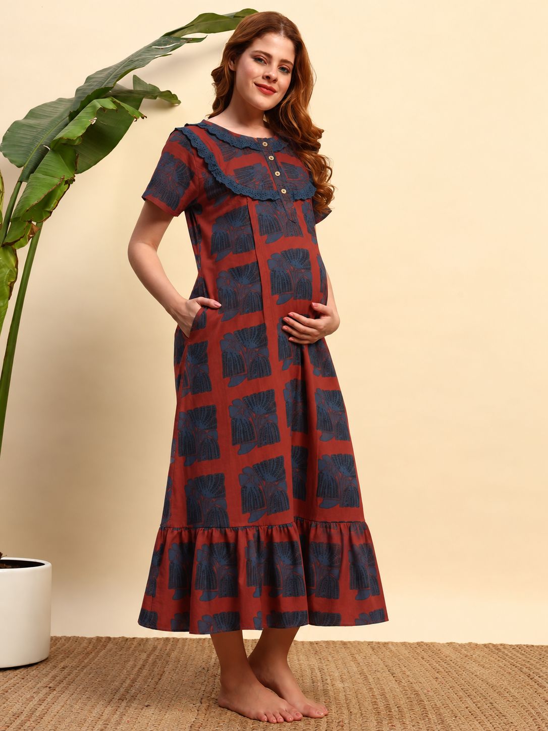 Women’s printed cotton pregnancy nightgown with lace neckline