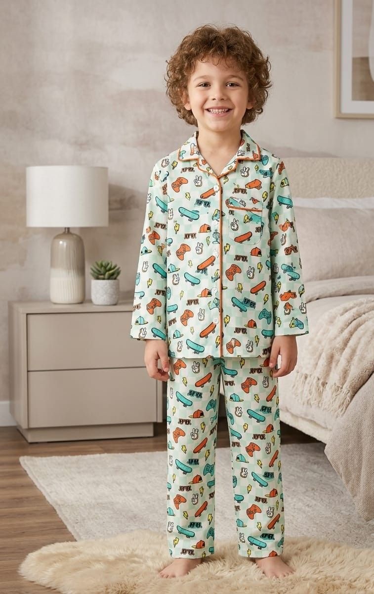A smiling child wearing a long-sleeve pajama set with an all-over colorful cartoon pattern, standing barefoot in a softly lit bedroom.