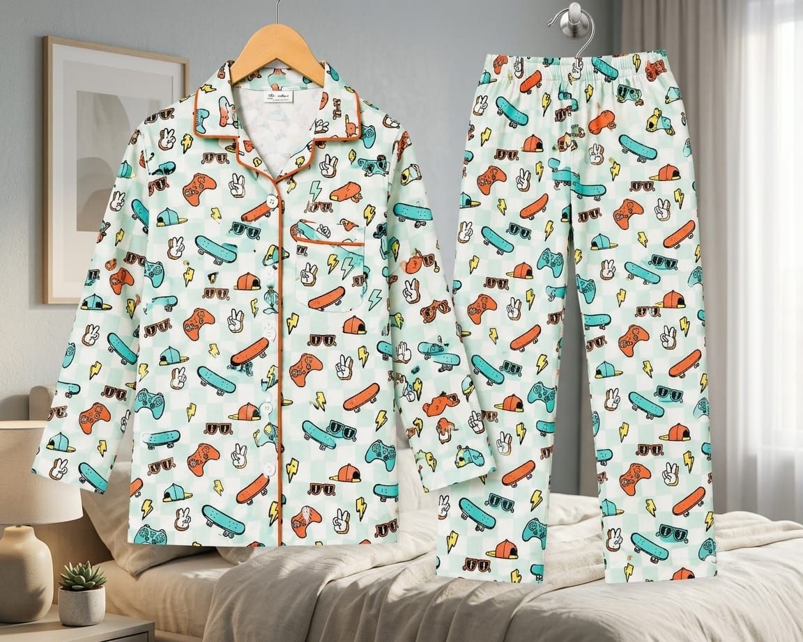 A two-piece pajama set featuring a long-sleeve button-front top and matching pants, displayed on hangers over a bed. The pajamas have a white base with a colorful cartoon pattern of skateboards, cars, lightning bolts, and small figures.