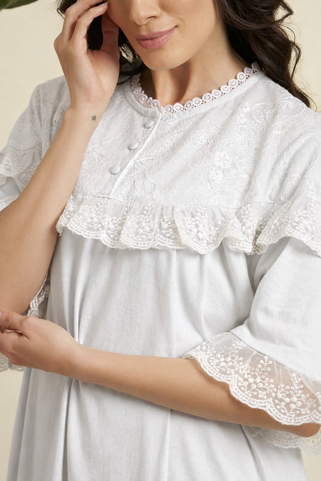 Classic White Lace Yoke Cotton Nighty – Elegant Full-Length Comfort Wear