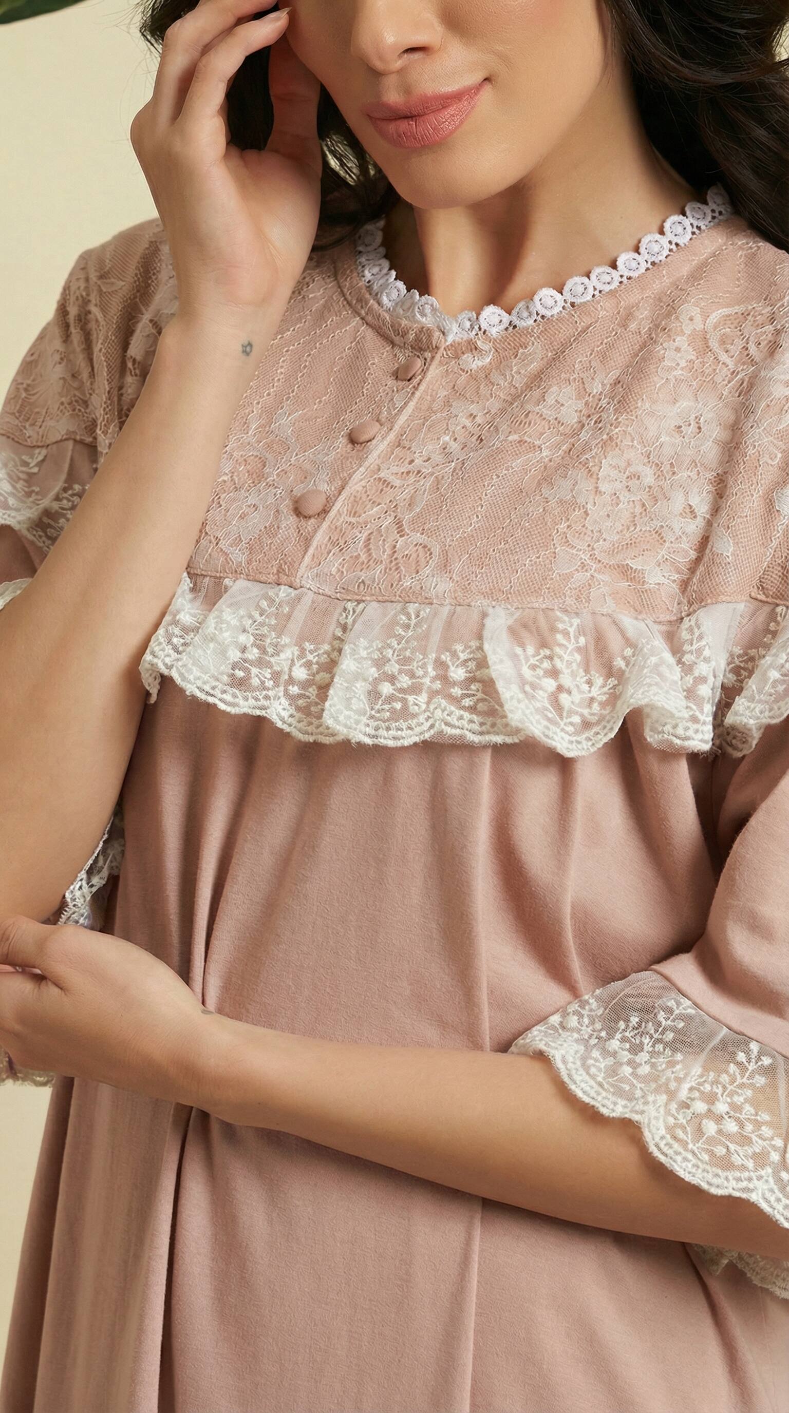 Classic Beige Lace Yoke Cotton Nighty – Elegant Full-Length Comfort Wear