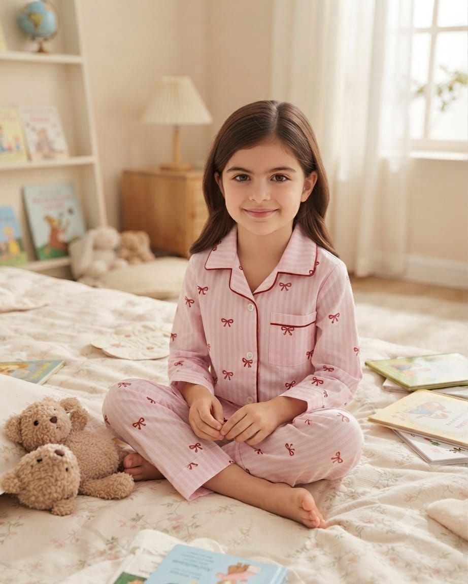 A young girl with long brown hair sits cross-legged on a bed in a cozy, softly lit children's bedroom. She is wearing a light pink pajama set with thin white vertical stripes and small red bow motifs.