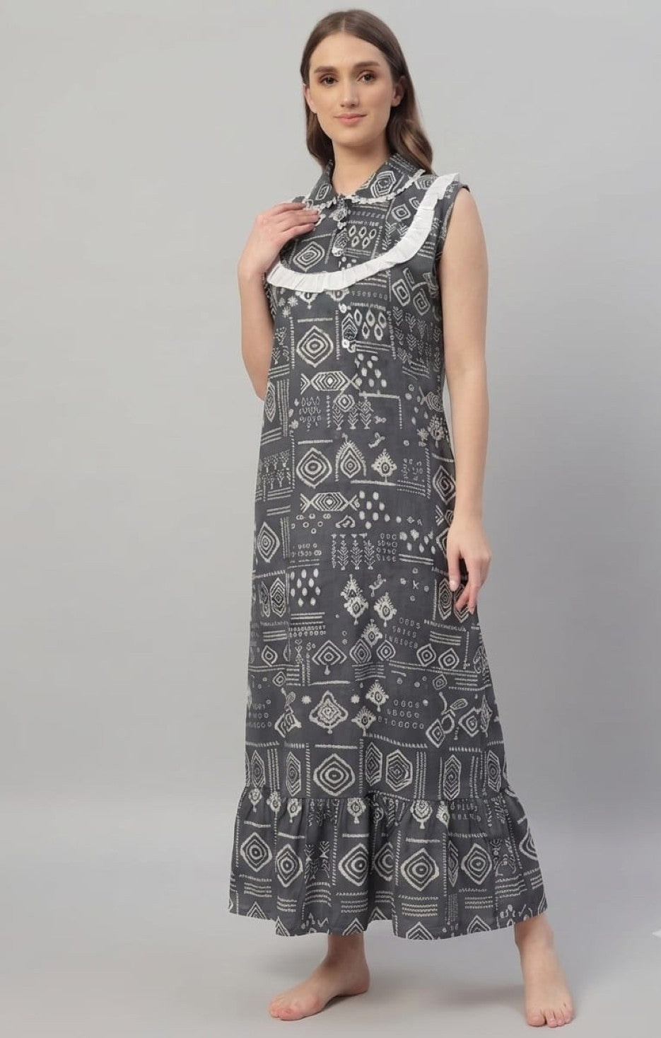 Sephani Pure Cotton Sleeveless Grey Printed Nighty for Women with Frill Hem | Soft & Breathable Night Gown