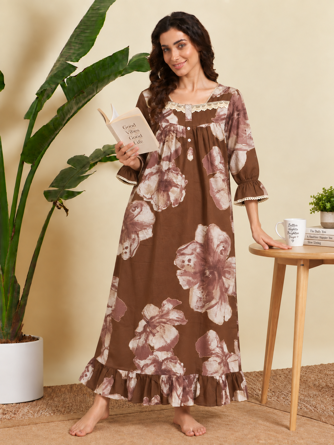 Women’s brown printed cotton nightgown with lace sleeve detailing