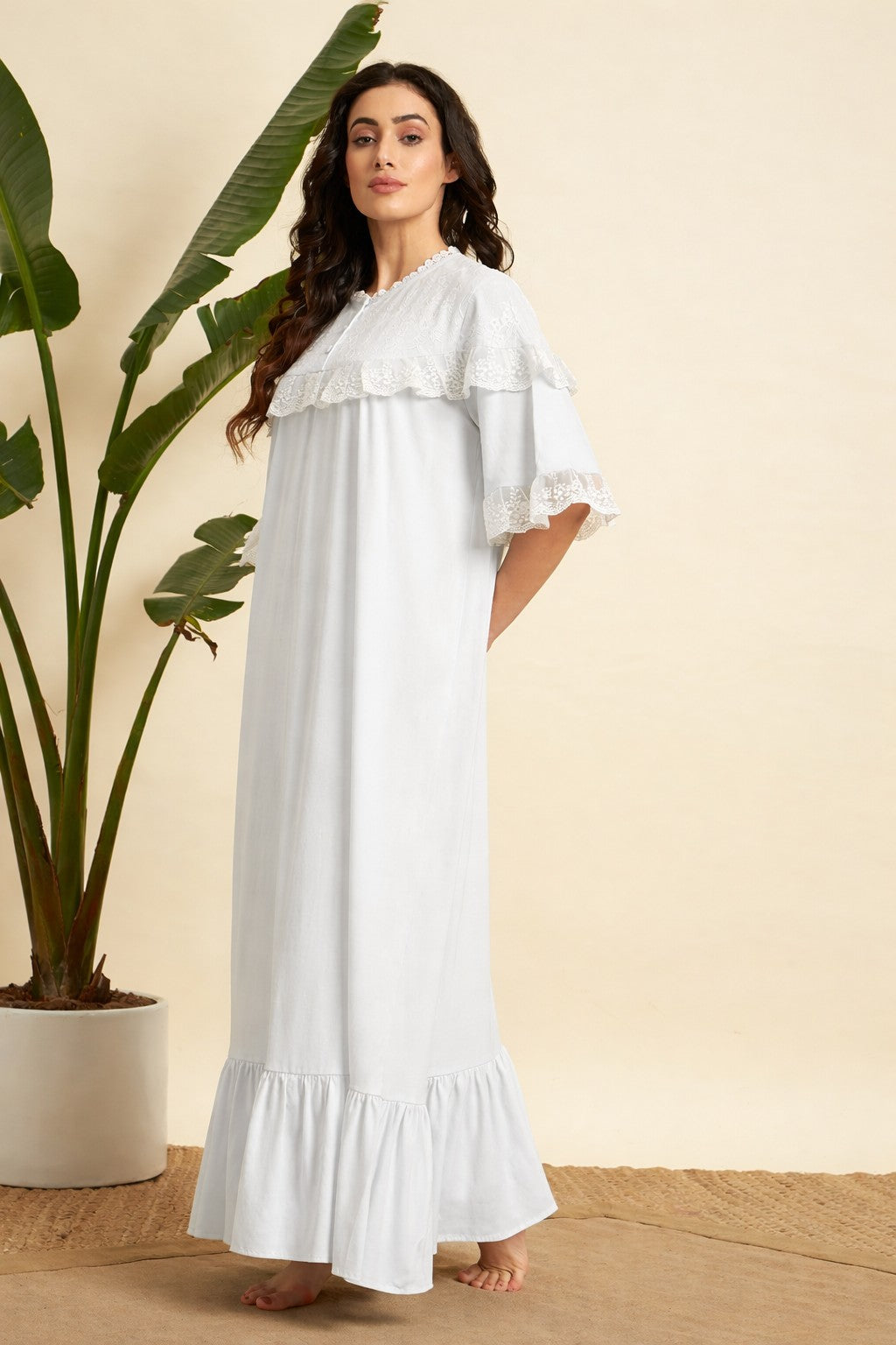 Classic White Lace Yoke Cotton Nighty – Elegant Full-Length Comfort Wear
