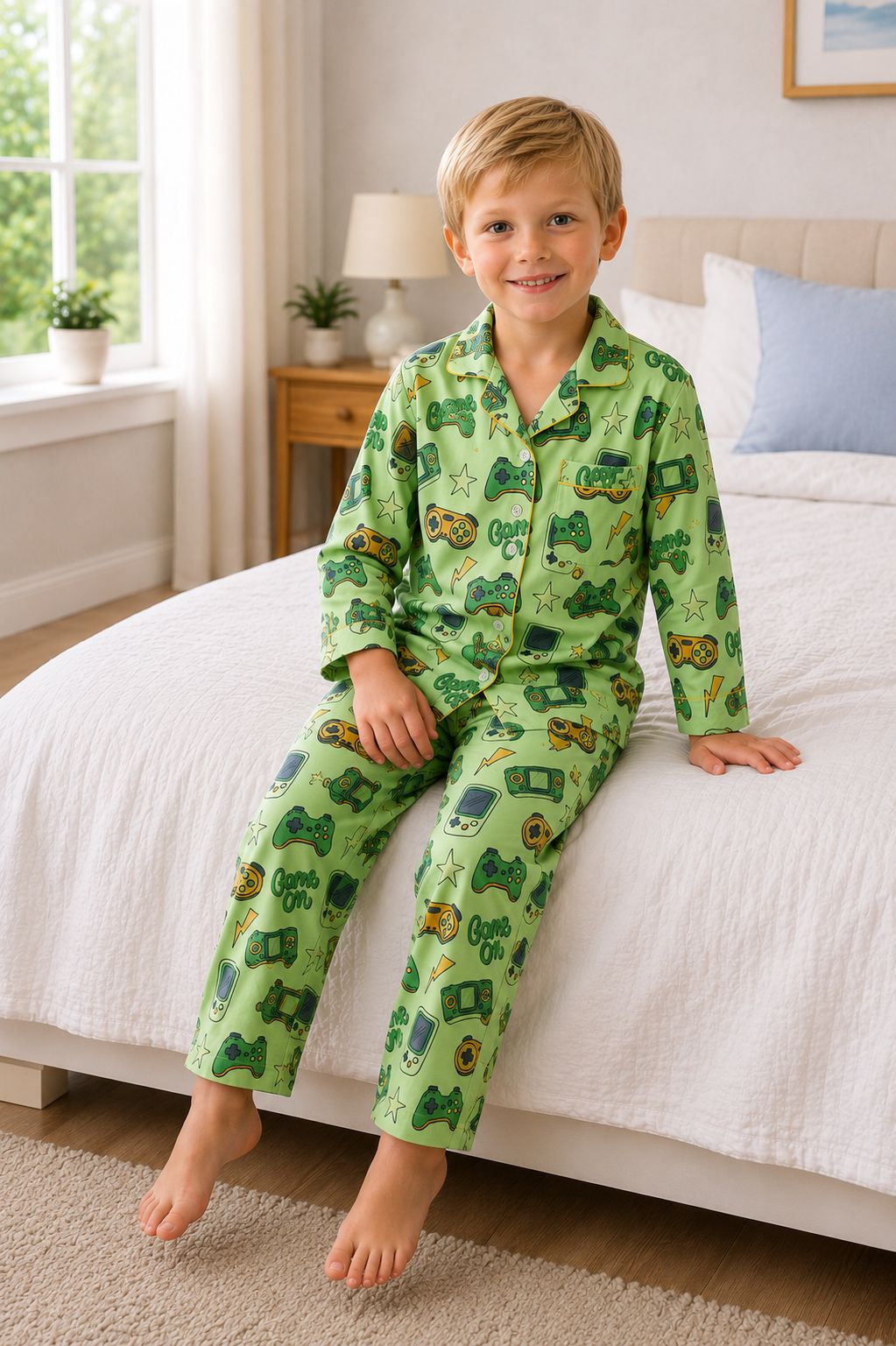 Sephani Boys Light Green Gaming Print Cotton Night Suit Set | Full Sleeve Button-Down Pajama Set