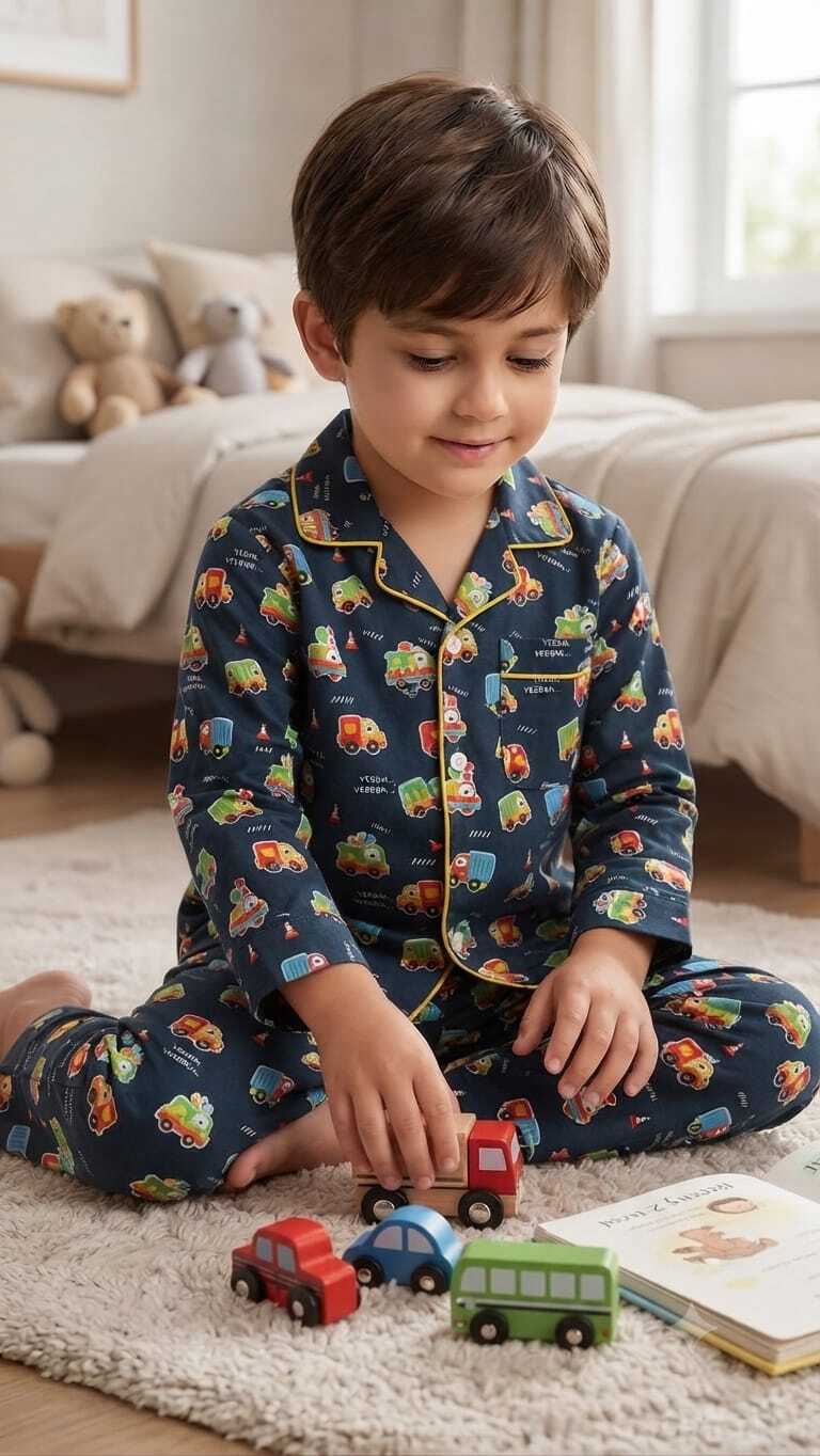 A young boy sits on a cream rug in a softly lit bedroom, wearing navy pajamas with a colorful vehicle print and yellow piping. He is interacting with small toy cars and a book on the floor.
