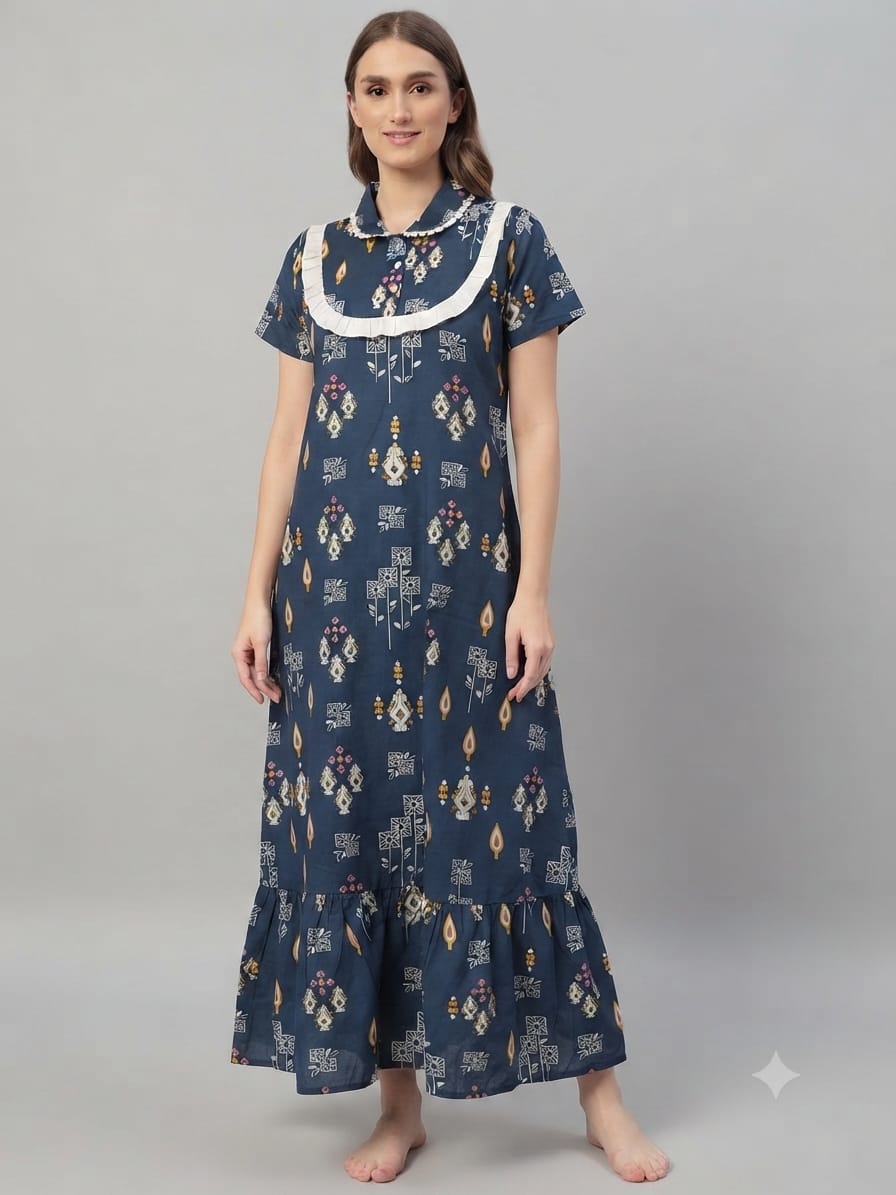 Elegant Navy blue abstract Cotton Nightdress with Frill Yoke – Soft & Breathable Sleepwear