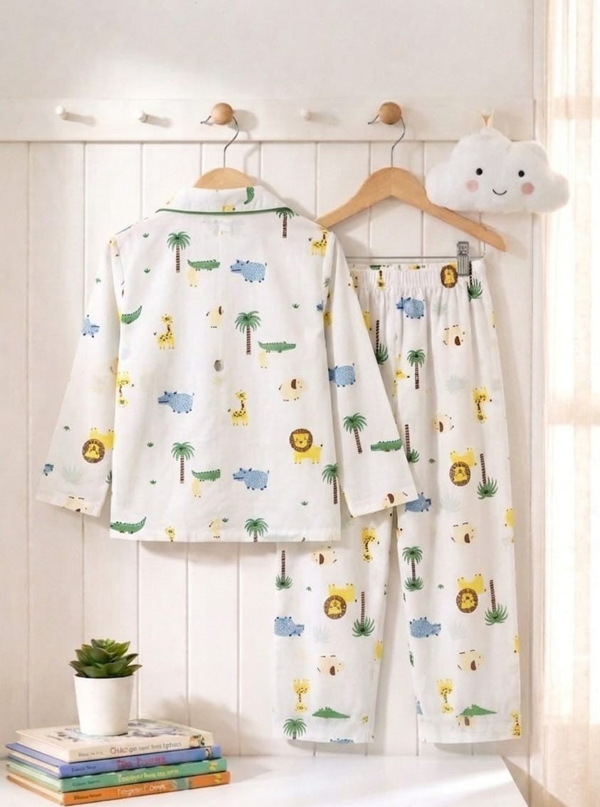 Kids Jungle Animal Print Night Suit Set | Cute Cotton Pajama Set for Boys | Soft & Comfortable Sleepwear