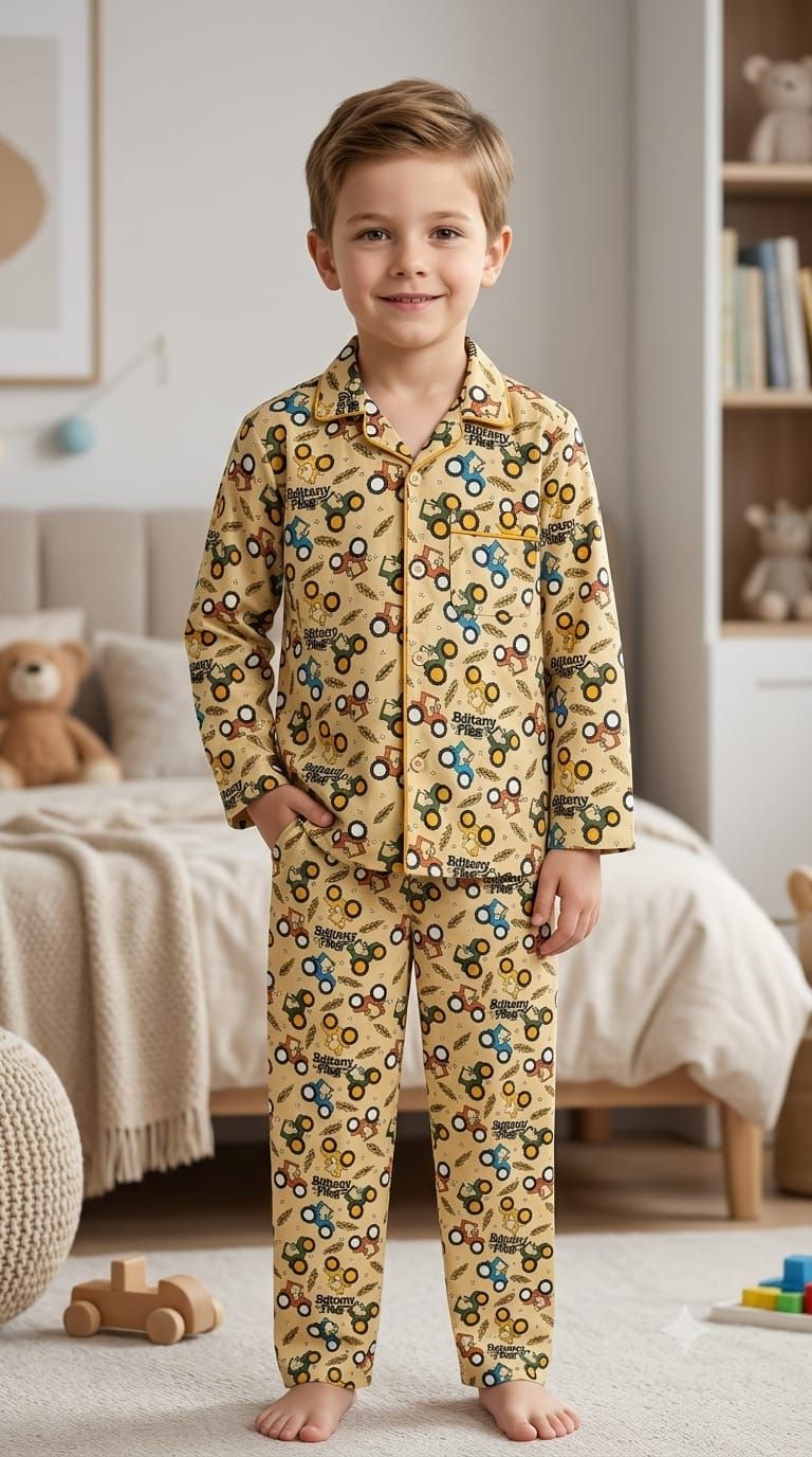 A young boy stands in a child's bedroom wearing a two-piece pajama set with a tan background and an all-over pattern of colorful toy cars. The pajamas feature a button-up top and matching long pants.
