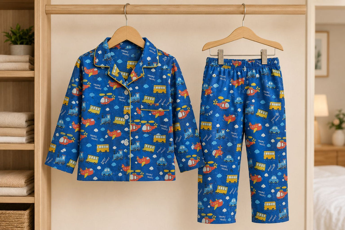 Sephani Kids Blue Vehicle Print Cotton Night Suit Set | Full Sleeve Button-Down Pajama Set for Boys