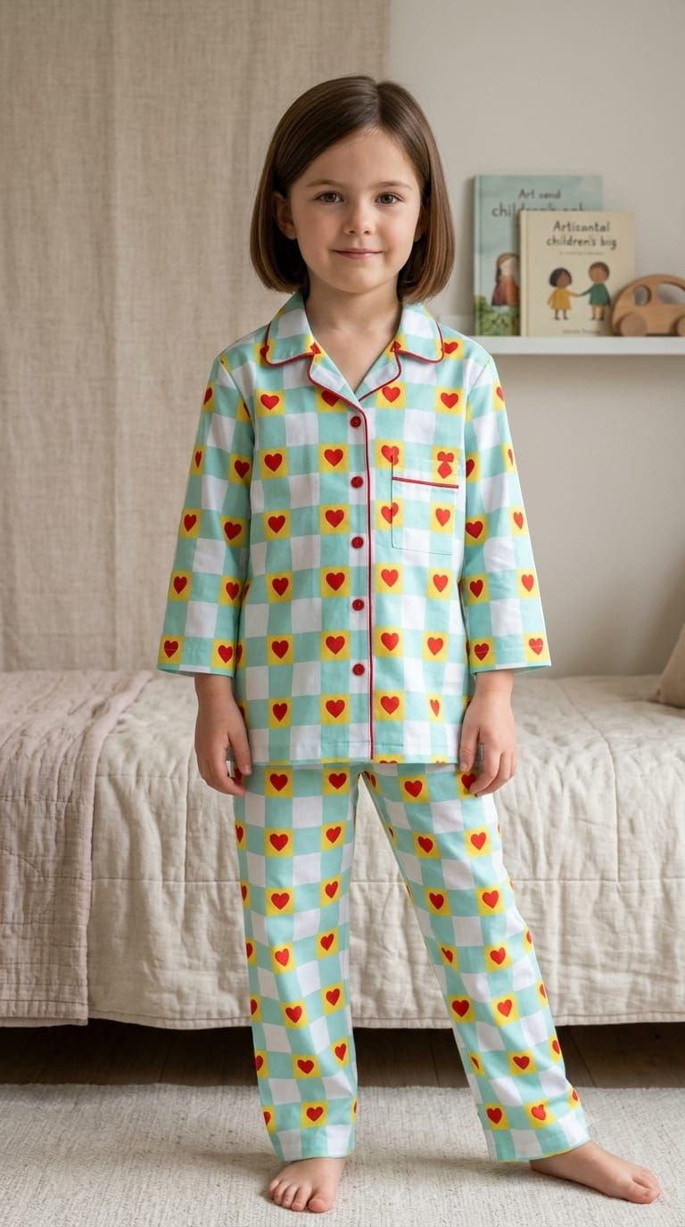 Sephani Multicolor Checkered Heart Print Nightsuit Set for Girls | Full Sleeve Kids Pajama Set
