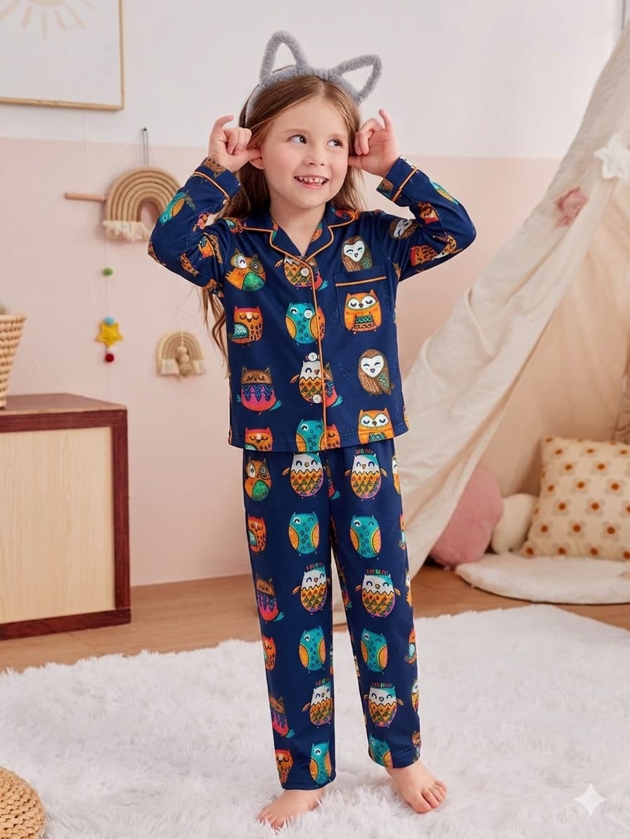 🦉💖Kids Printed Night Suit Set GIRL Cotton Nightwear Soft & Comfortable Sleepwear