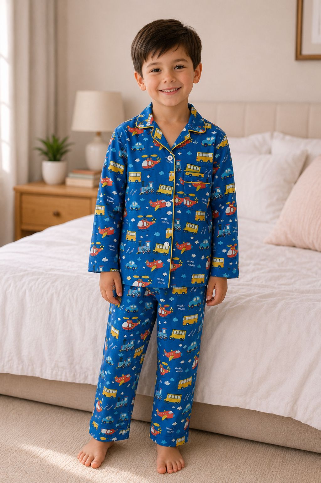 A young boy stands barefoot in a bedroom wearing a blue long-sleeve pajama set with a colorful cartoon space print featuring rockets, planets, and clouds. The pajamas have a button-up front and matching pants.