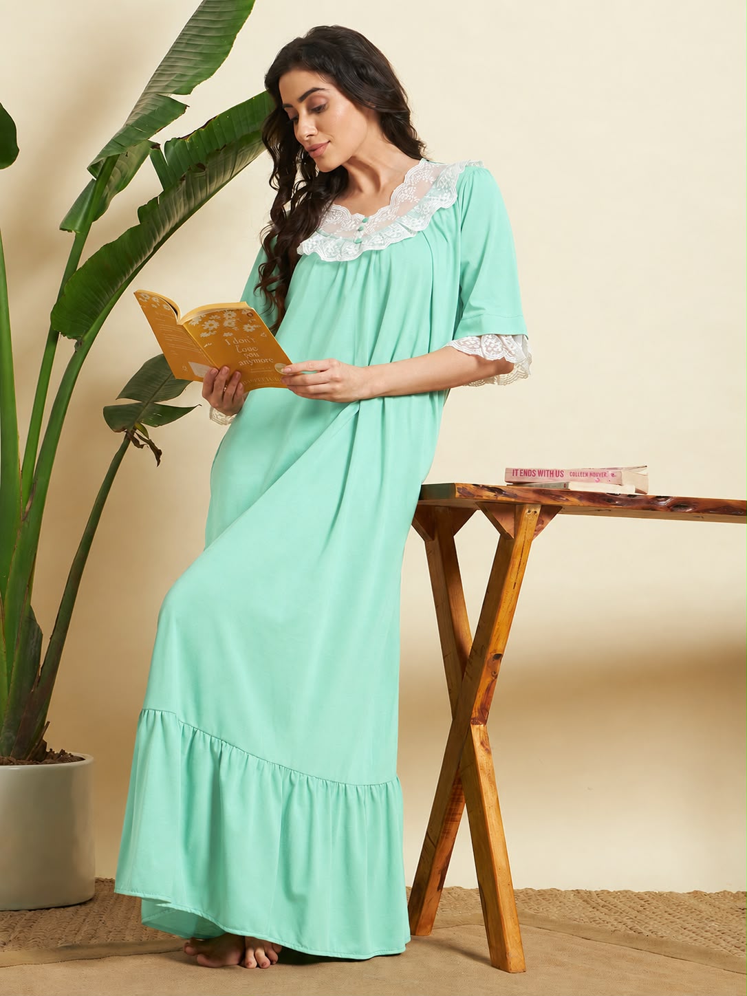 Long cotton maxi nighty for women in mint green with elegant lace trim