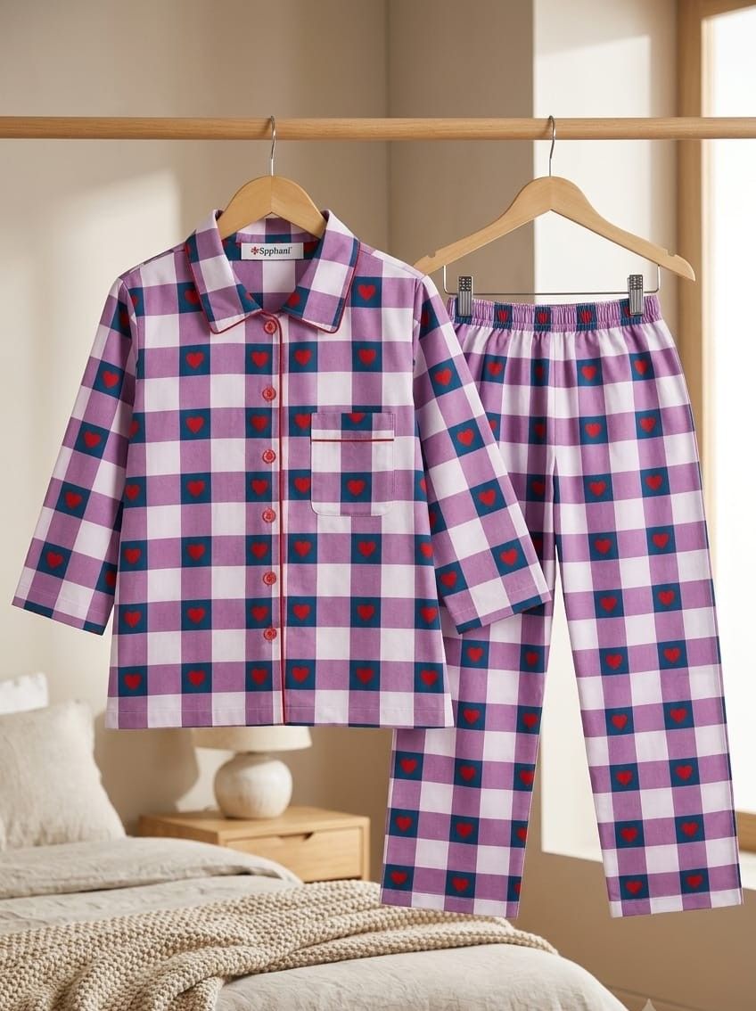 Sephani Purple Checkered Printed Night suit Set for Boys | Full Sleeve Kids Night Suit Set
