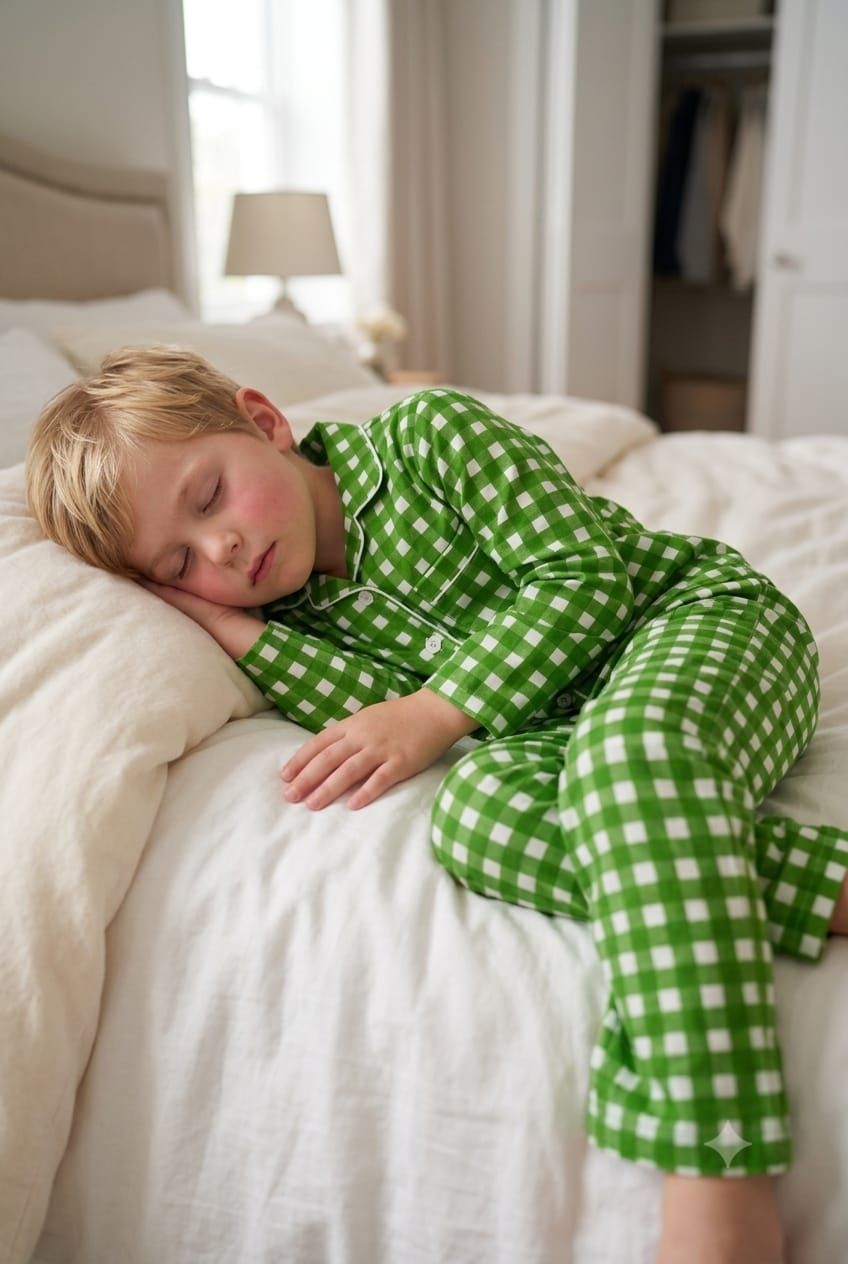 A young child sleeping on a bed wearing a green and white gingham pajama set.
