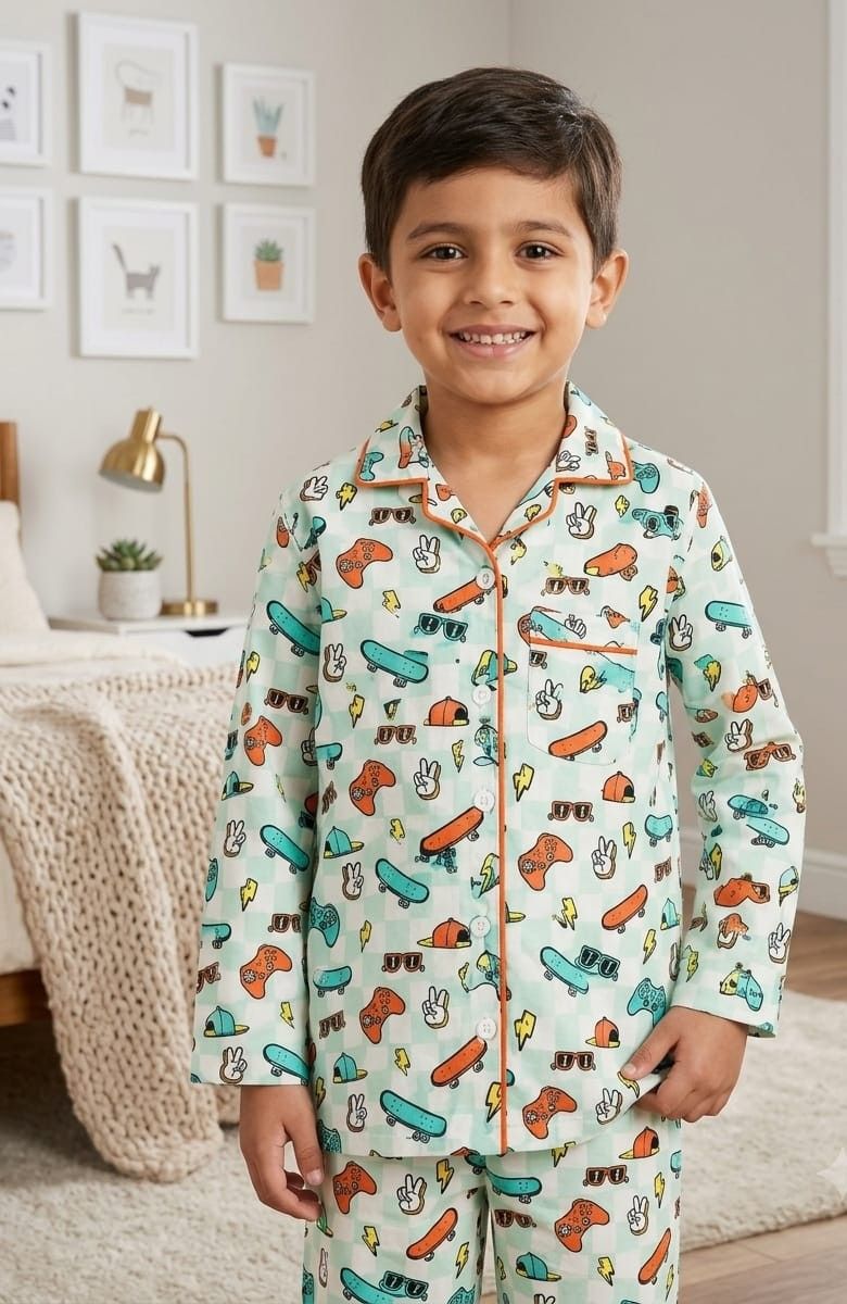 A young boy smiling while wearing a light green long-sleeve pajama set with a colorful retro airplane print, standing in a cozy bedroom setting.