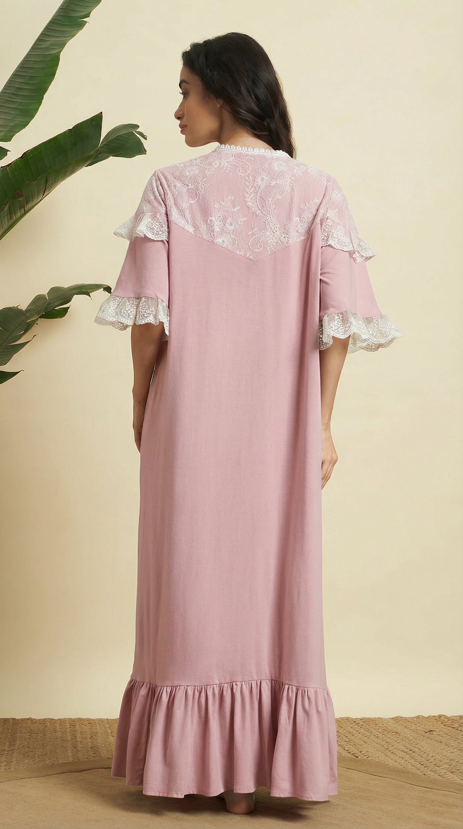 🌸 Dusty Rose Lace Detail Night Gown – Soft, Elegant & Comfortable