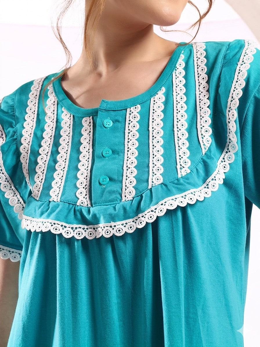Teal with Lace Yoke Cotton Maxi Nightwear for Women