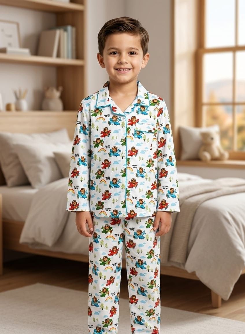 A young boy wearing a two-piece pajama set with a colorful cartoon character print, standing in a cozy, softly-lit bedroom.