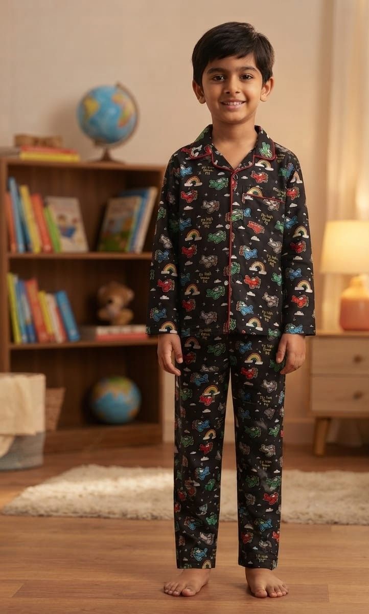 A young boy wearing a two-piece pajama set with a colorful cartoon pattern on a black background, standing in a child's bedroom.