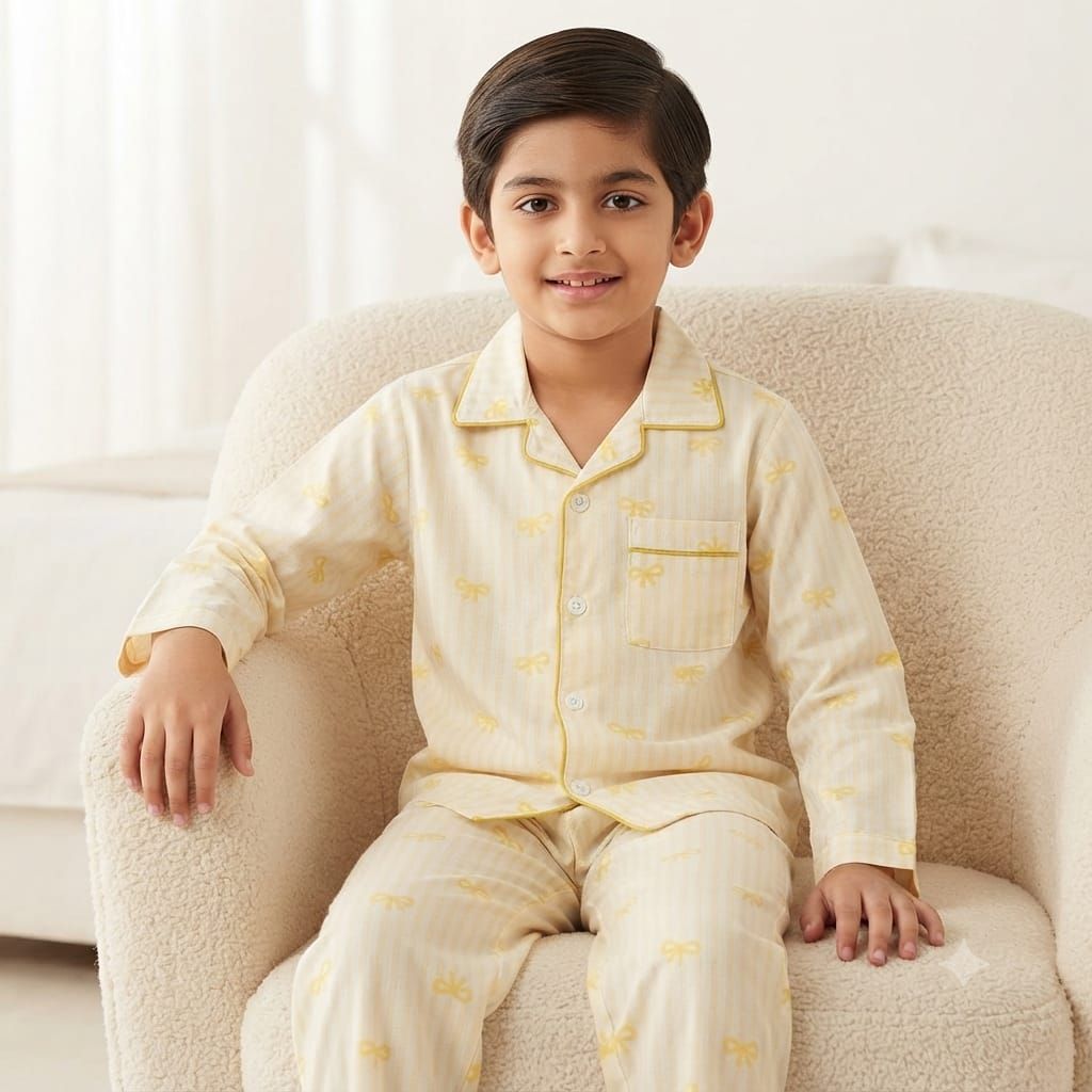 A young boy wearing a pale yellow and white striped pajama set with small yellow bow patterns, sitting on a cream-colored armchair.