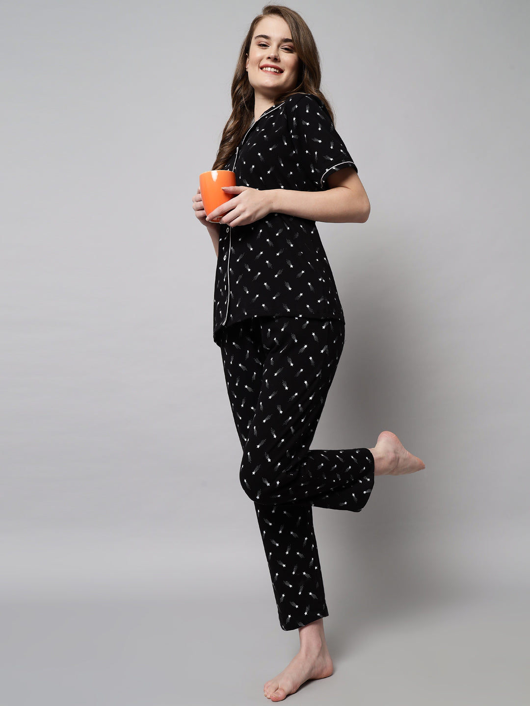 Printed Cotton Night Suit Set – Button-Down Top & Pajama Sleepwear