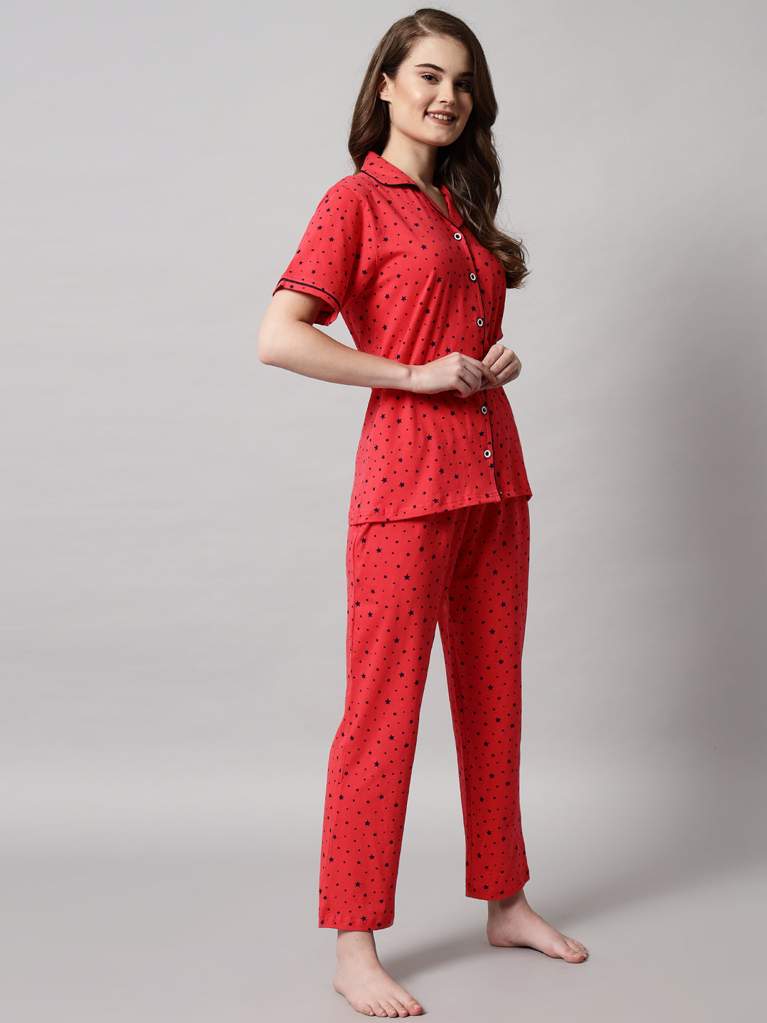 Red Printed Cotton Night Suit Set – Button-Down Top & Pajama Sleepwear
