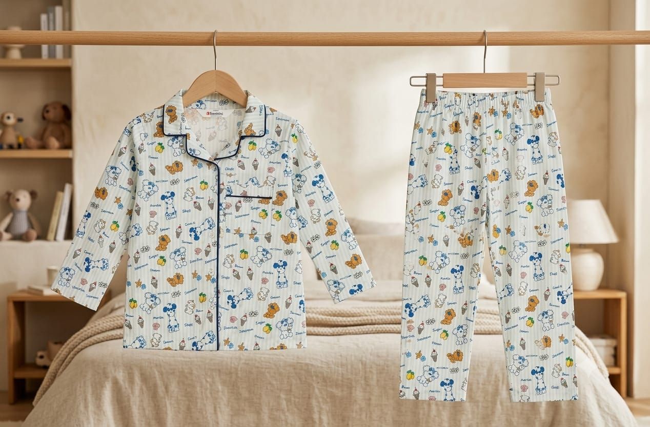Sephani Girls White Ice Cream Print Cotton Night Suit Set | Full Sleeve Kids Pajama Sleepwear