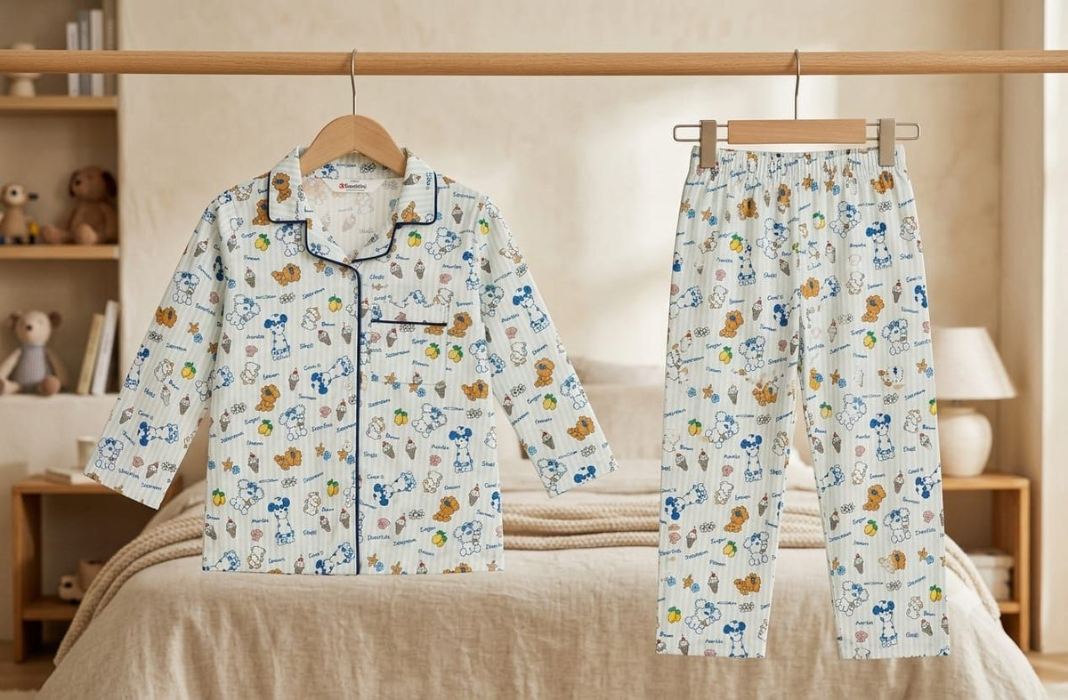 A two-piece children's pajama set hanging on a wooden bed rail in a softly lit bedroom. The set includes a long-sleeve button-front pajama top with black piping and matching long pajama pants, both in an off-white fabric covered in a playful multicolor cartoon print.