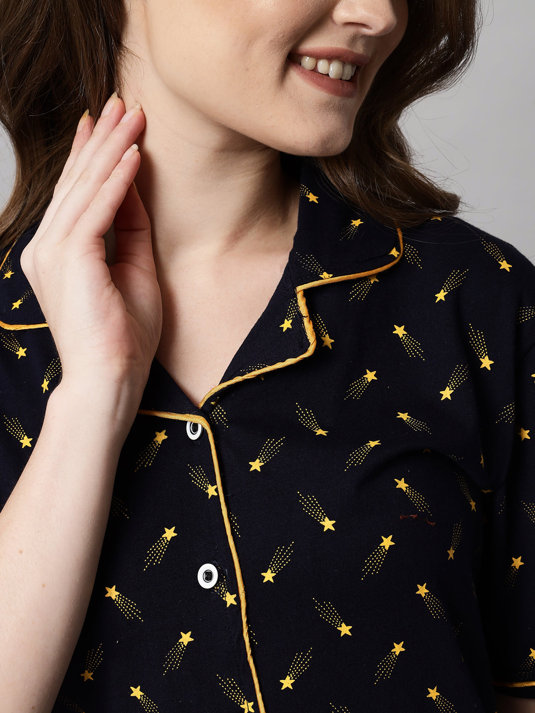 Black Printed Cotton Night Suit Set – Button-Down Top & Pajama Sleepwear