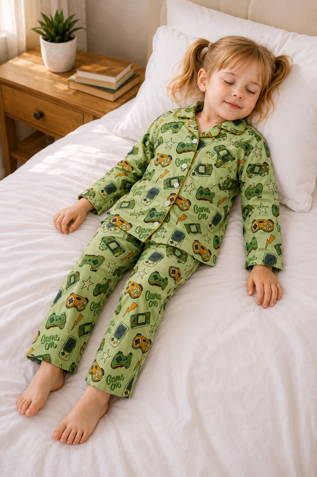 A young girl with blonde pigtails lies on a bed wearing light green pajama set with a retro video game controller pattern. The scene is set in a cozy bedroom with a wooden bedside table and a small potted plant.