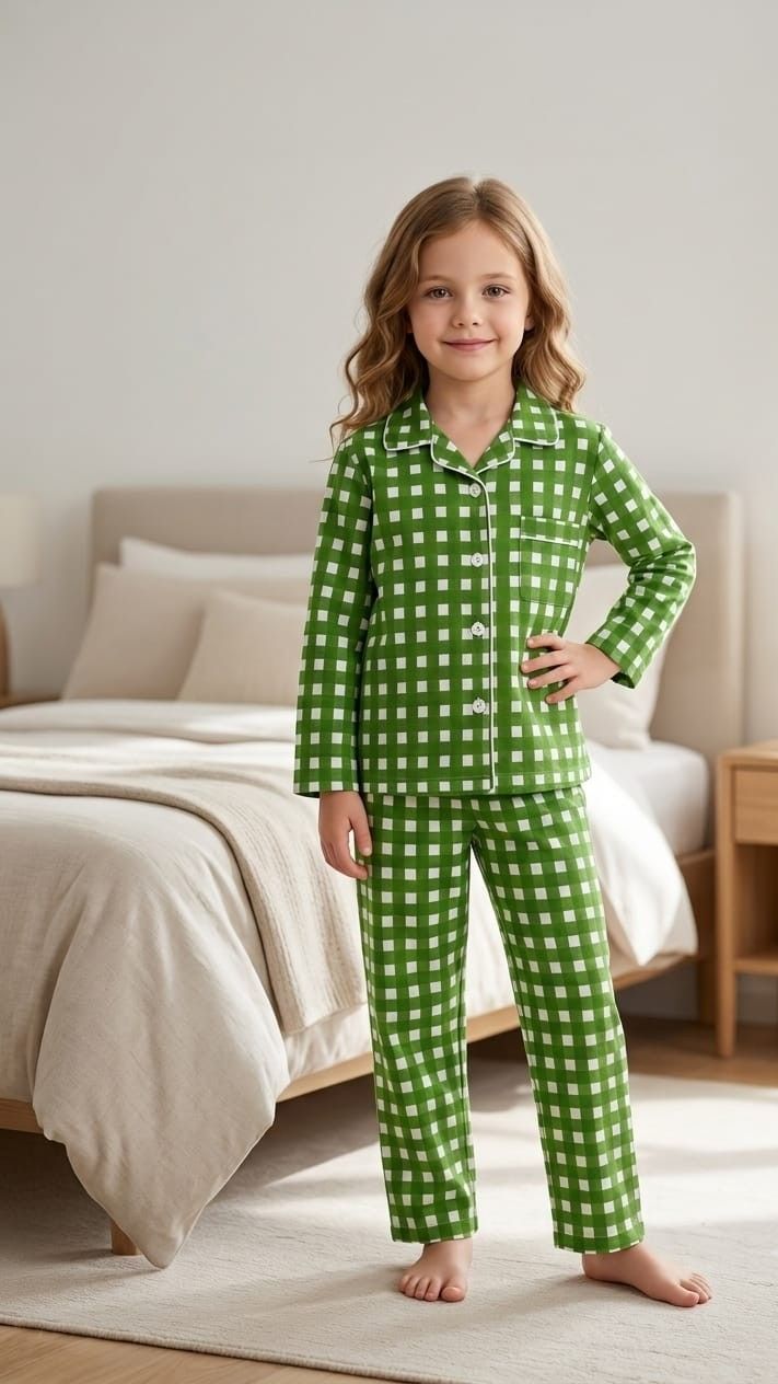 A young girl stands barefoot in a bedroom wearing a green and white gingham long-sleeve pajama set with a button-up collar and matching pants.