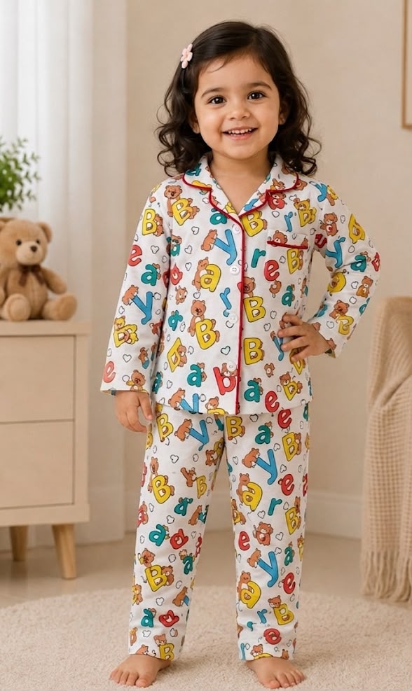 💕Kids Rainbow Print Night Suit Set | Cute Printed Cotton Pajama Set for Girls| Soft & Comfortable Sleepwear
